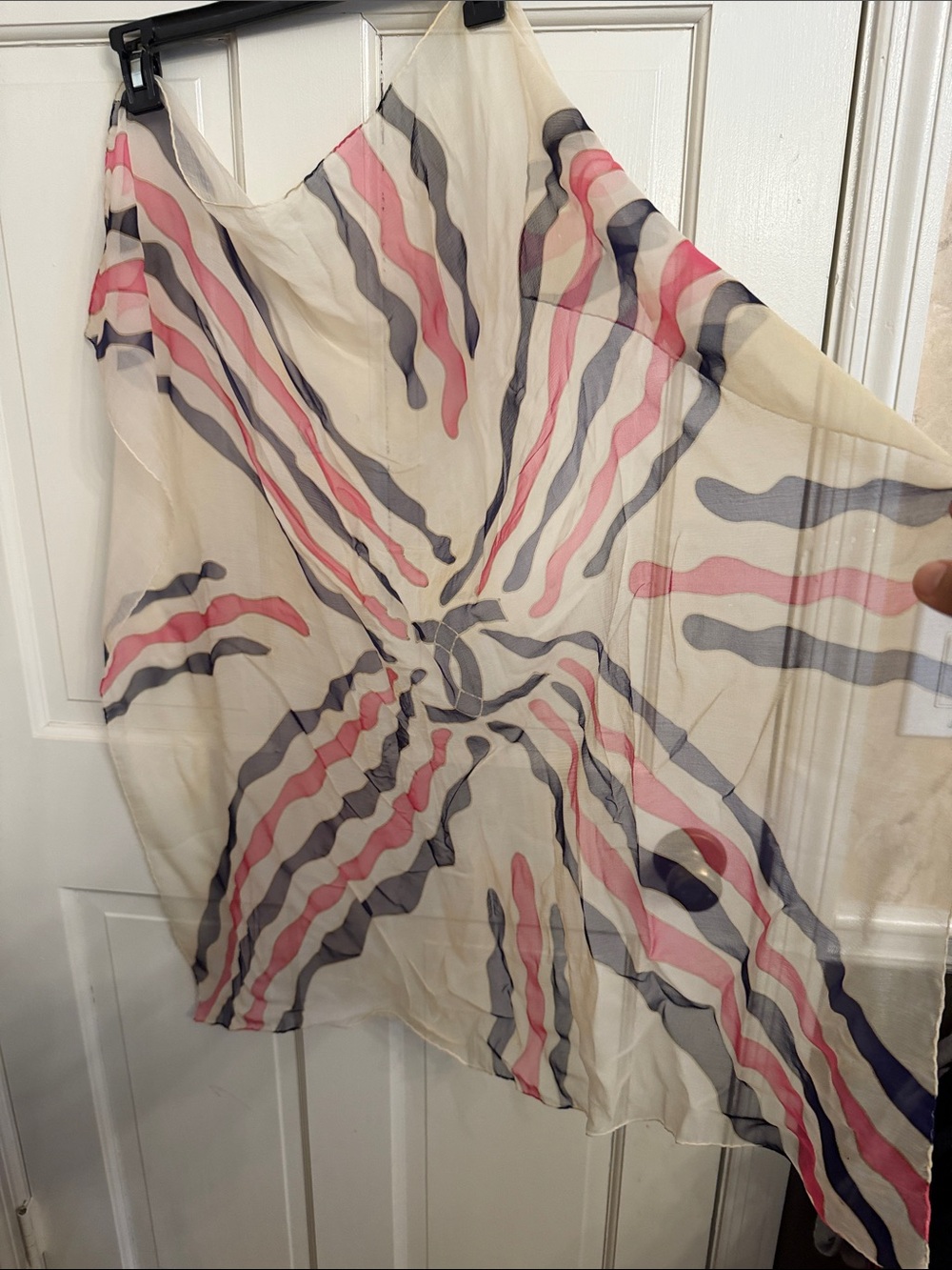 Chanel Vintage Sheer Cream Scarf with Pink and Gray Wave Print 33"x33"